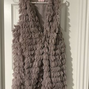 Pink Lily Textured Fringe Vest in Taupe